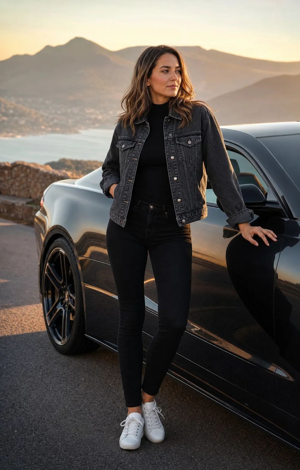 Golden Hour Black Skinny Jeans worn by a fictional adult model