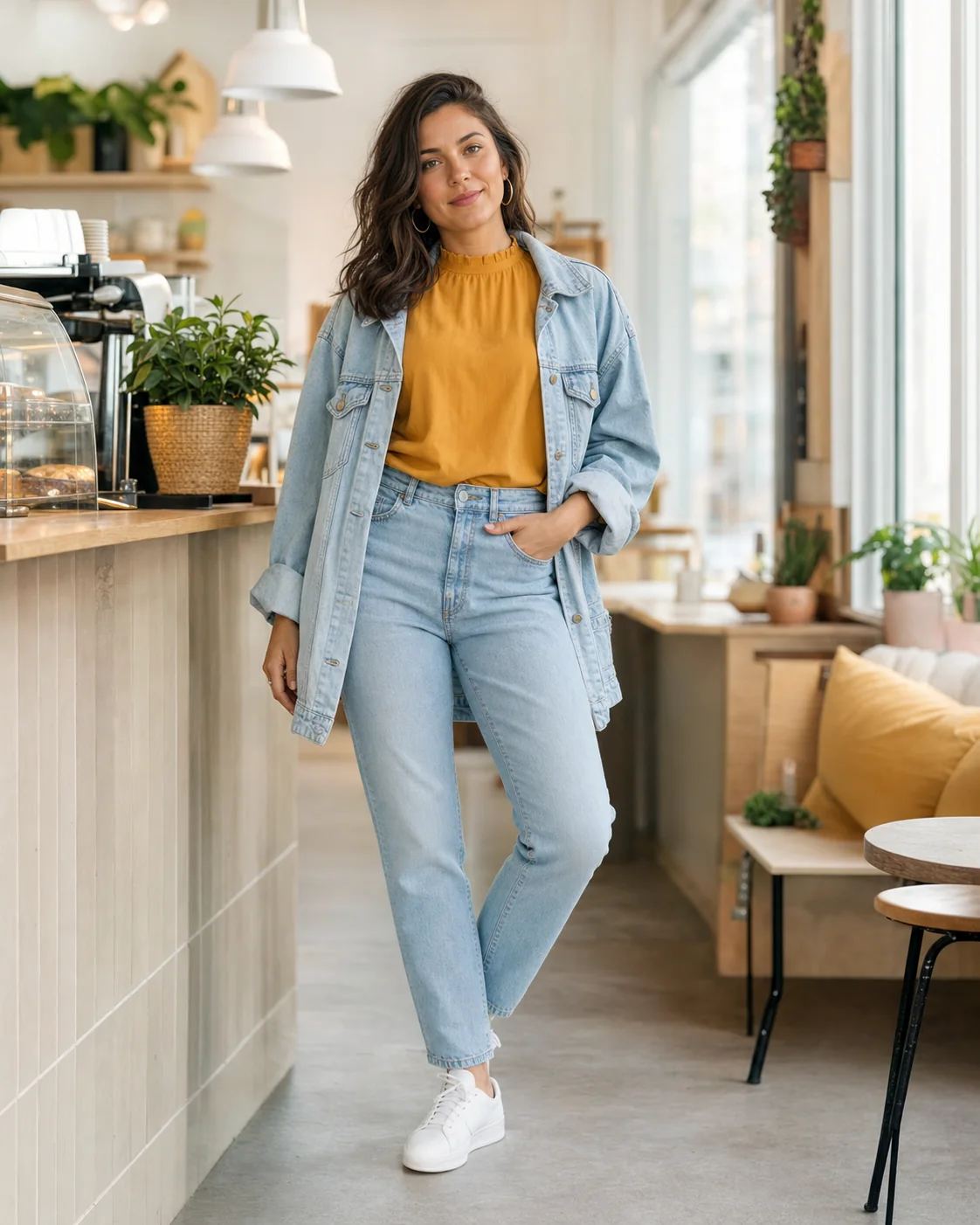 Light Denim Cafe Mom Jeans worn by a fictional adult model