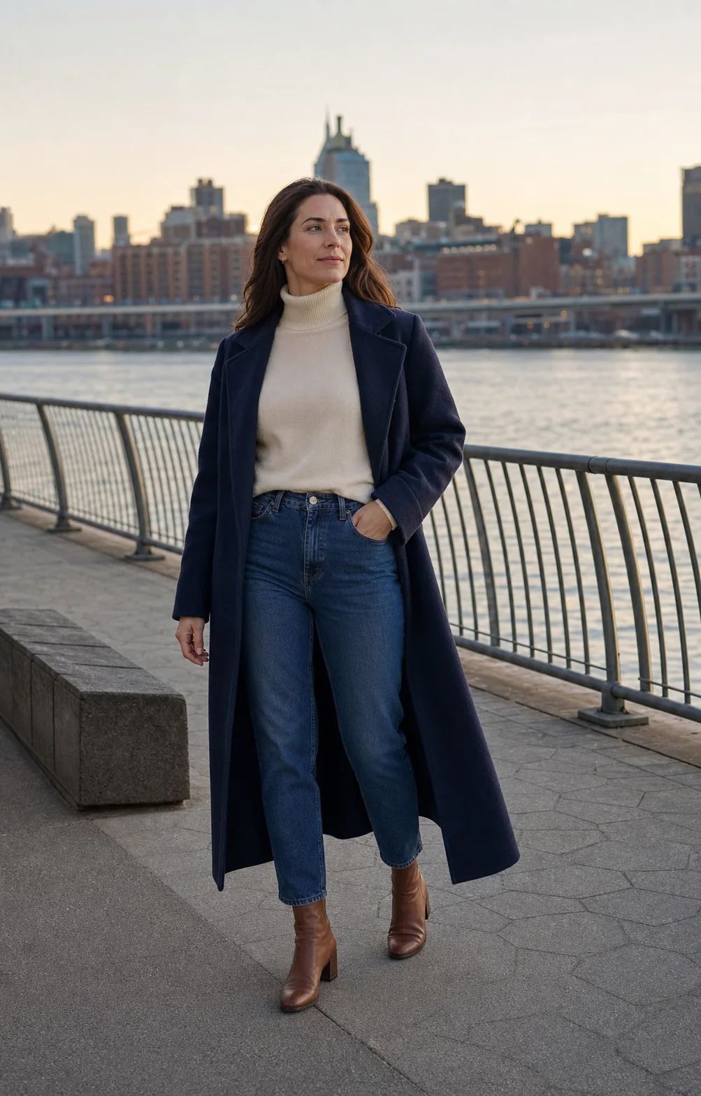 Waterfront Navy Mom Jeans worn by a fictional adult model