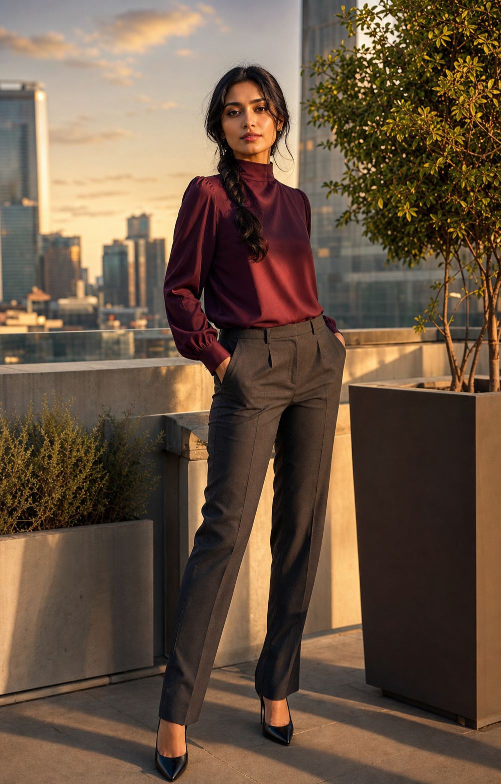 Golden Rooftop Tailored Style with a distinct fictional adult model