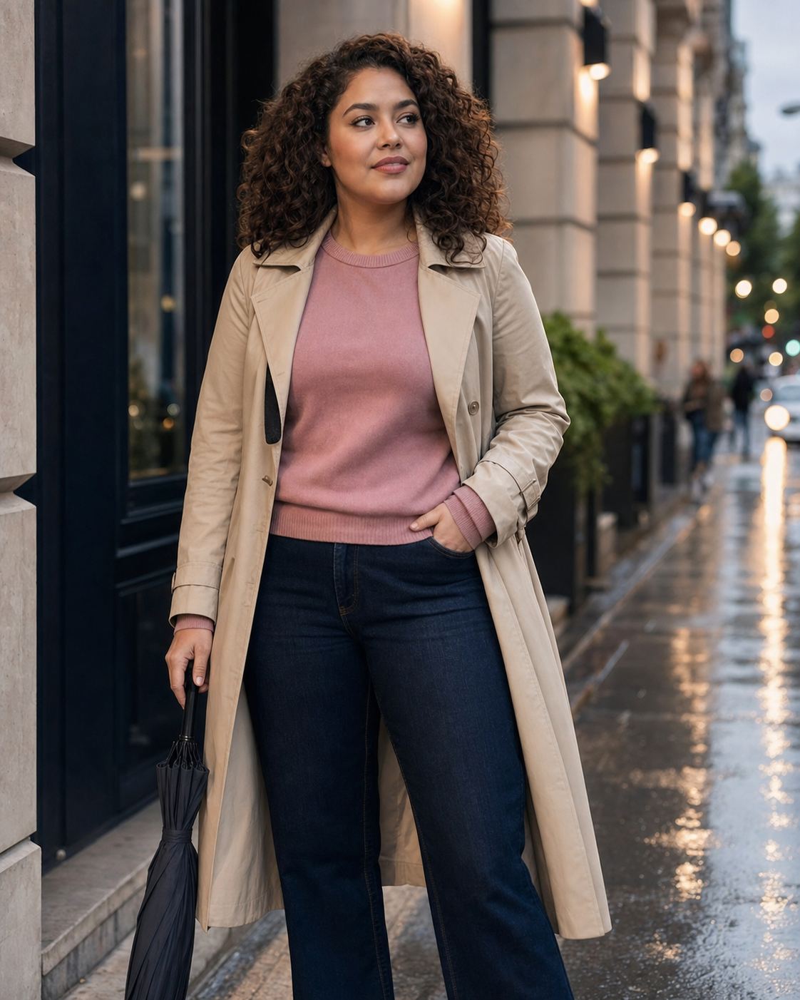 Rainy City Trench and Denim with a distinct fictional adult model