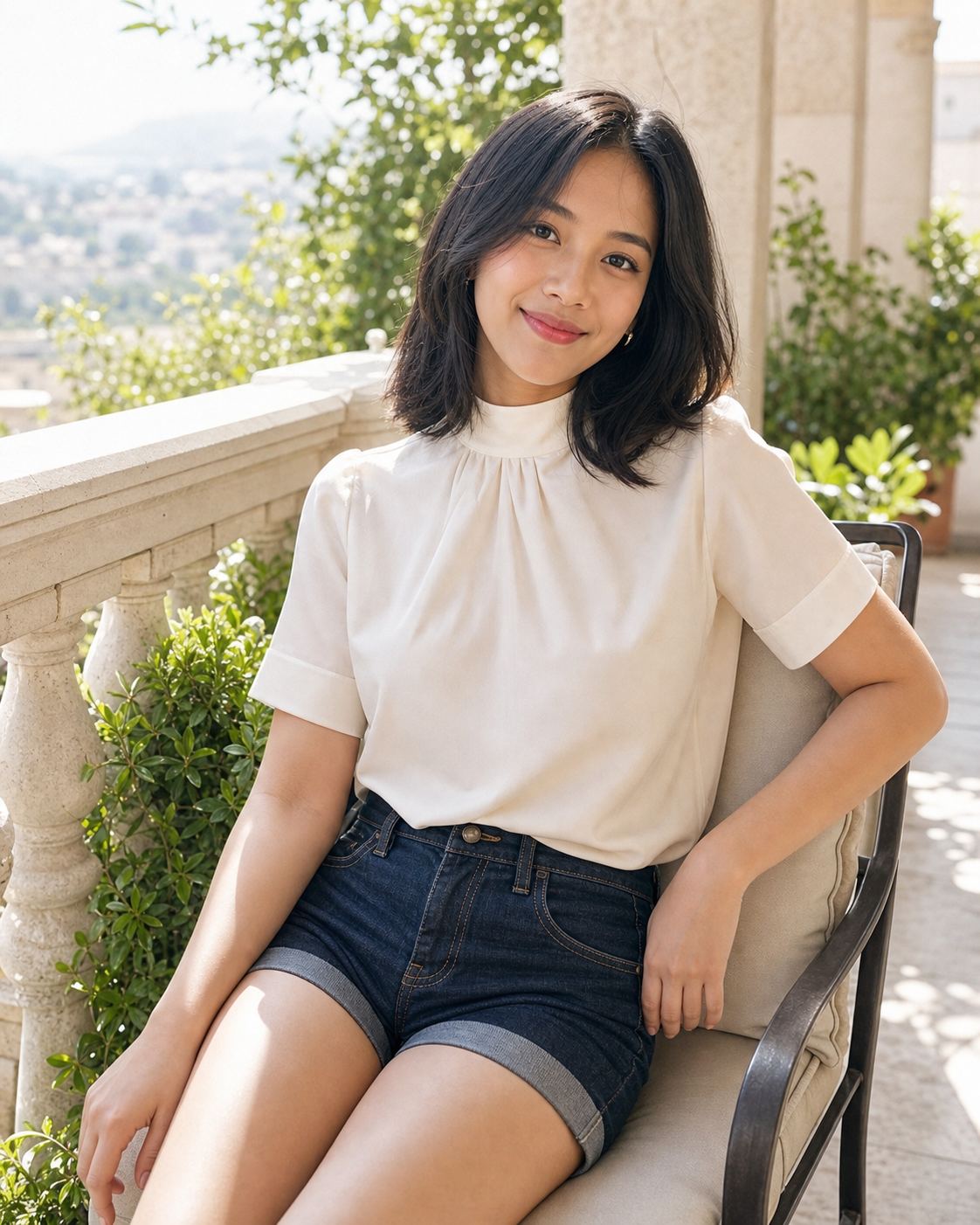 Sunny Balcony Denim Shorts with a distinct fictional adult model