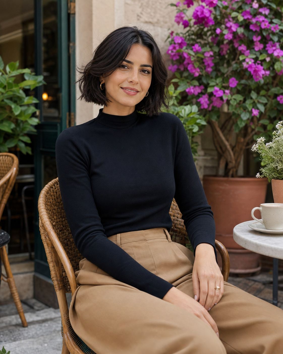 Garden Cafe Camel Trousers with a distinct fictional adult model
