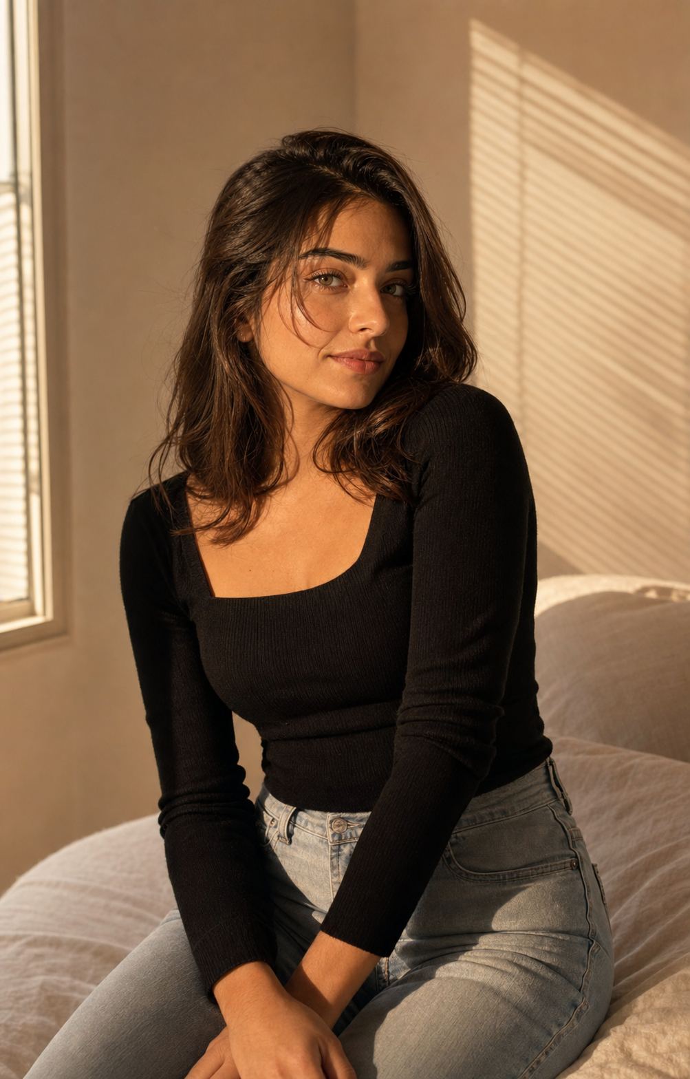 Black Knit Golden Bedroom Portrait featuring a fictional adult model
