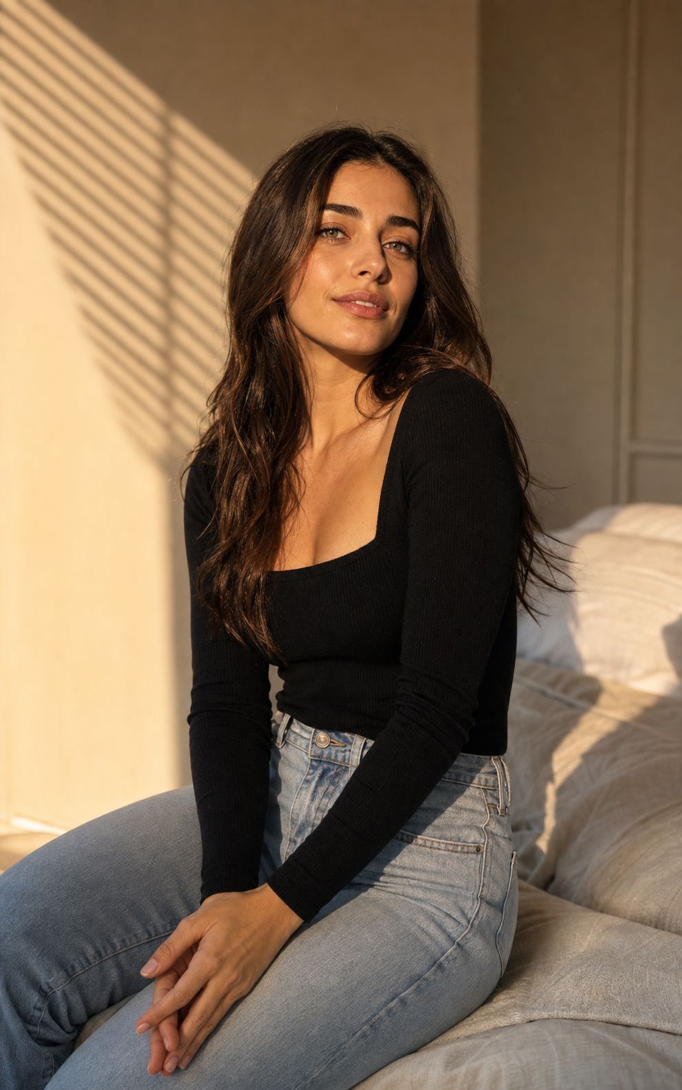 Diagonal Sunlight Portrait with a fictional adult model in black knit and jeans