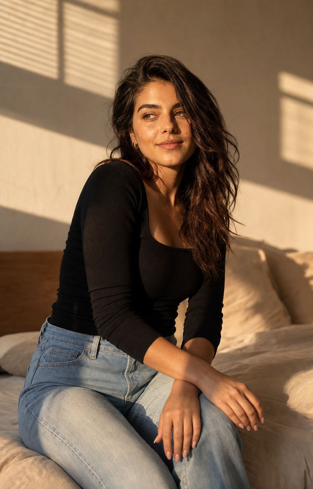 Soft Window Turn with a fictional adult model in black knit and jeans