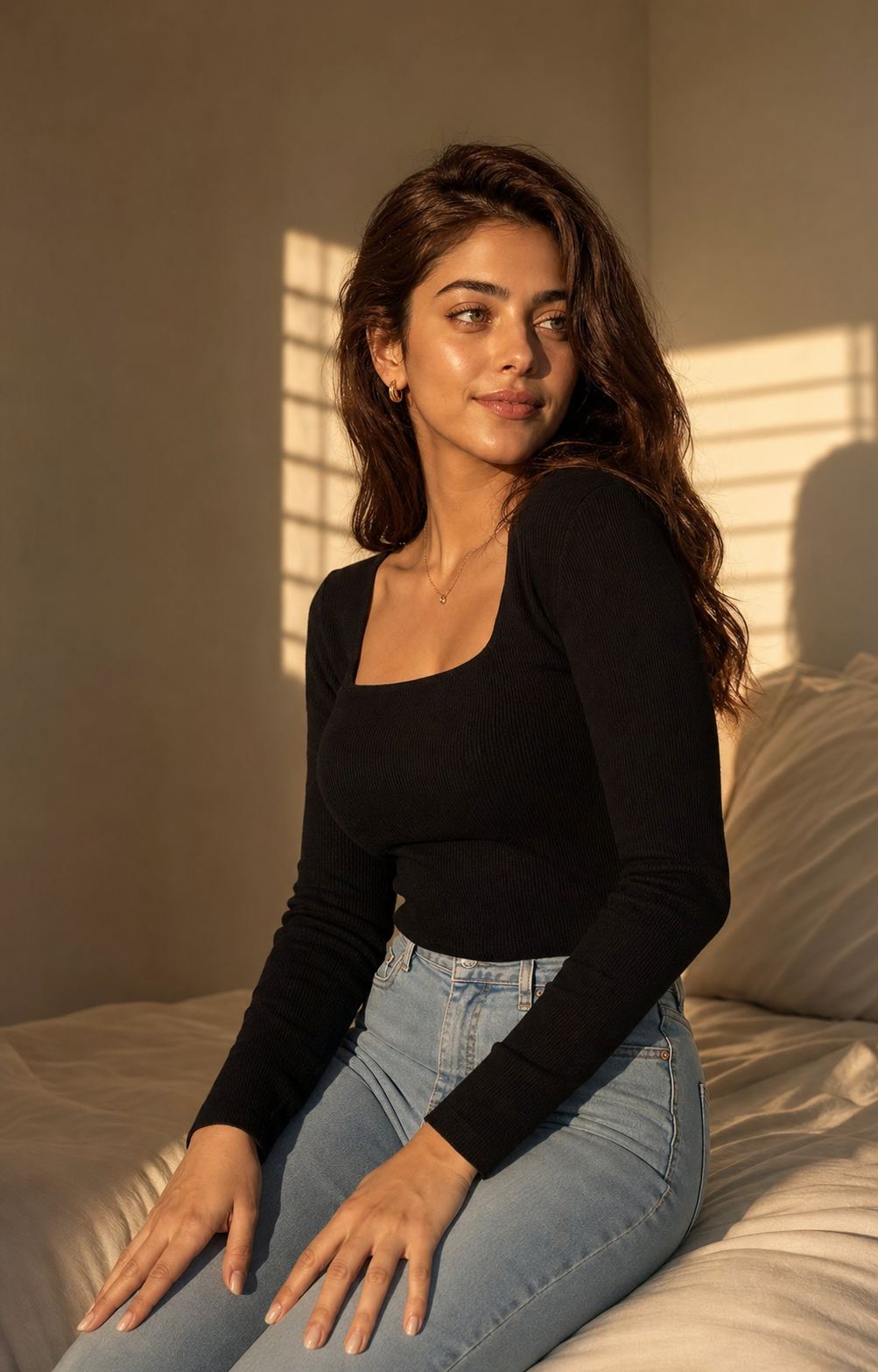 Hazel Eyes Golden Glow with a fictional adult model in black knit and jeans
