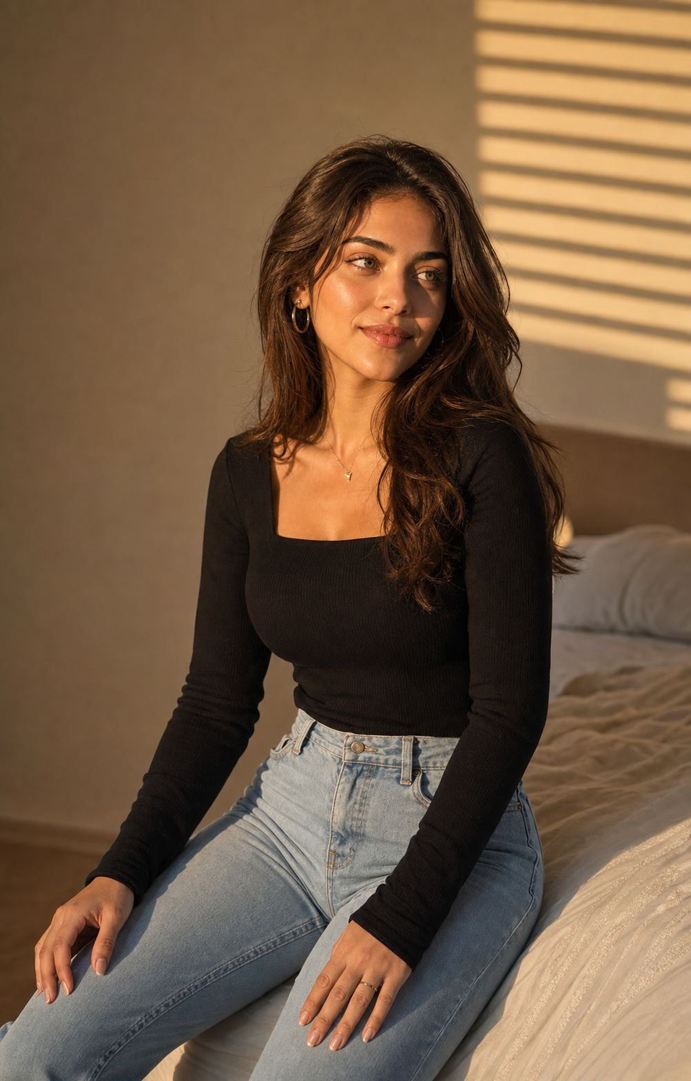 Chestnut Curls at Sunset with a fictional adult model in black knit and jeans