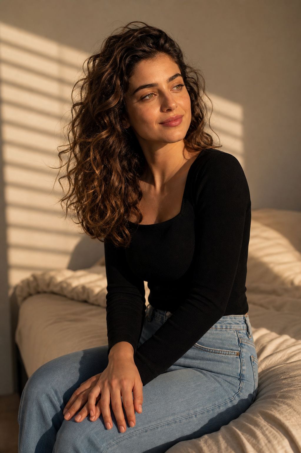 Calm Bedside Golden Pose with a fictional adult model in black knit and jeans