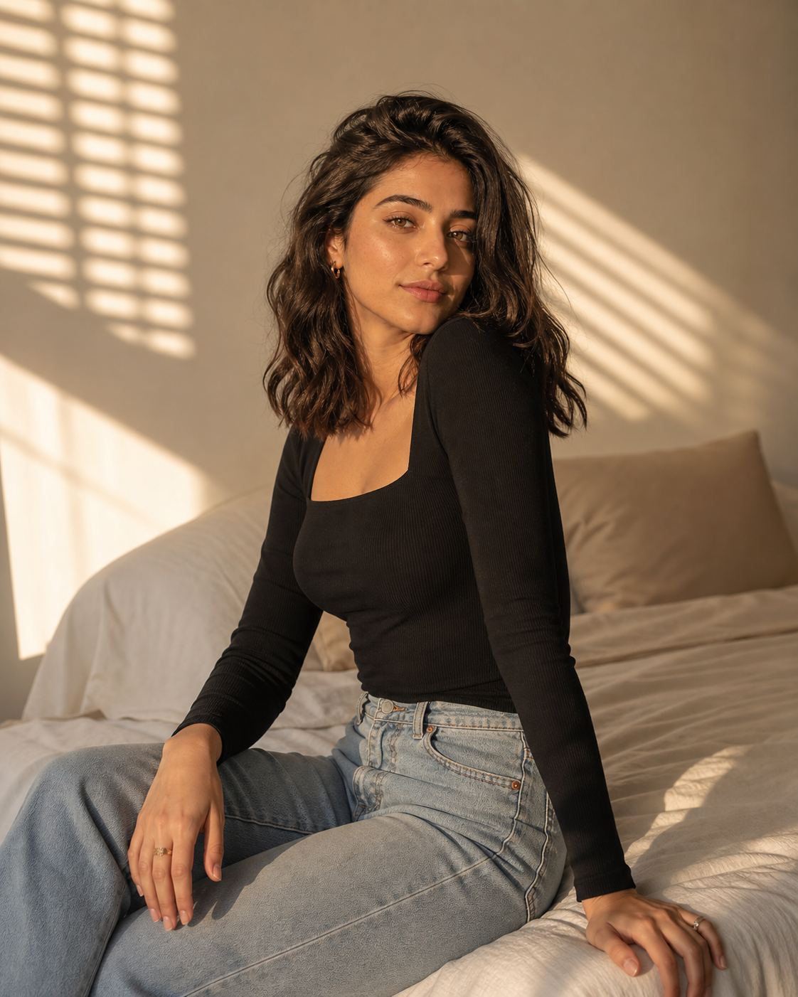 Raised Shoulder Window Portrait with a fictional adult model in black knit and jeans