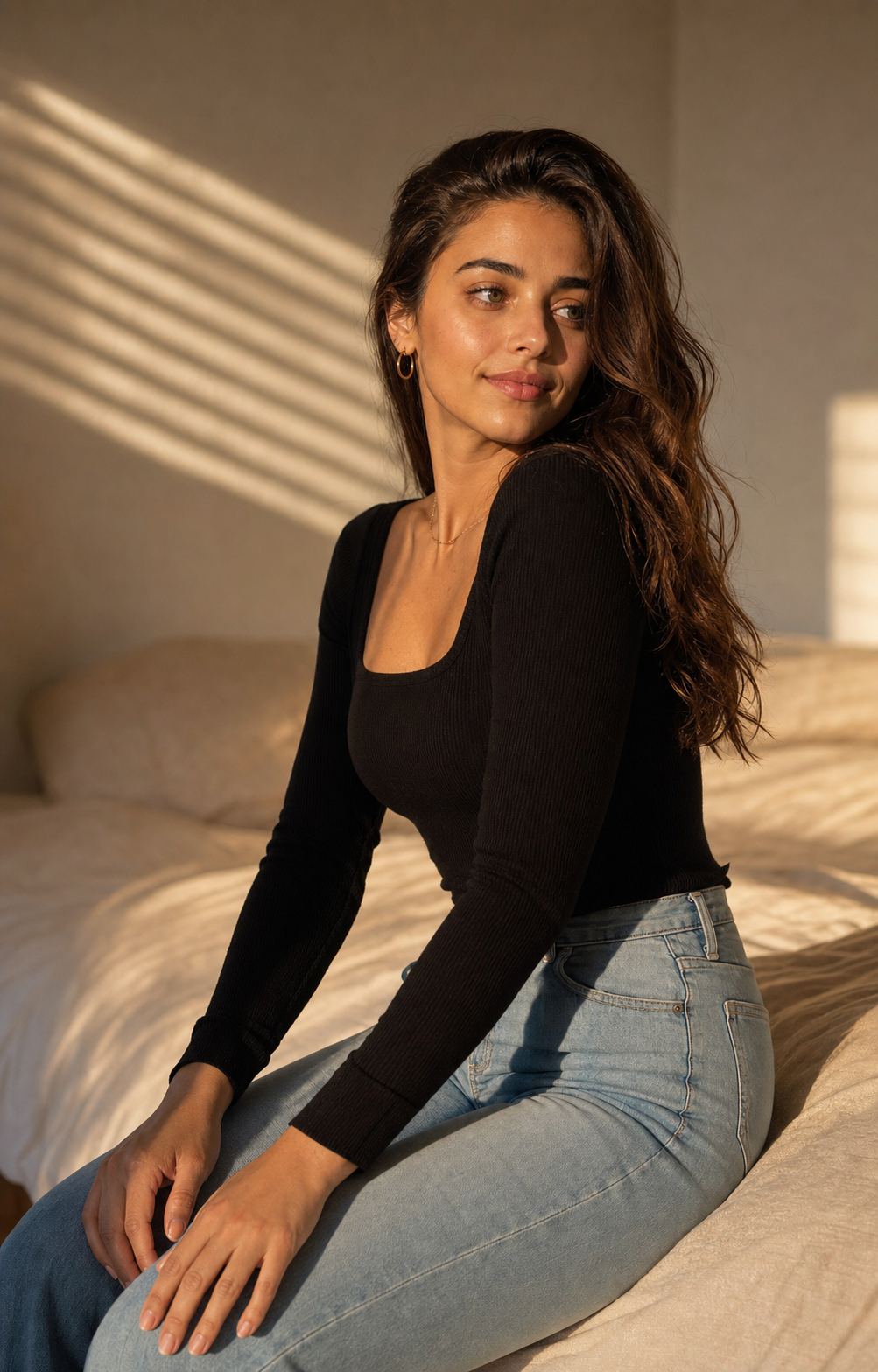 Side-Seated Golden Look with a fictional adult model in black knit and jeans