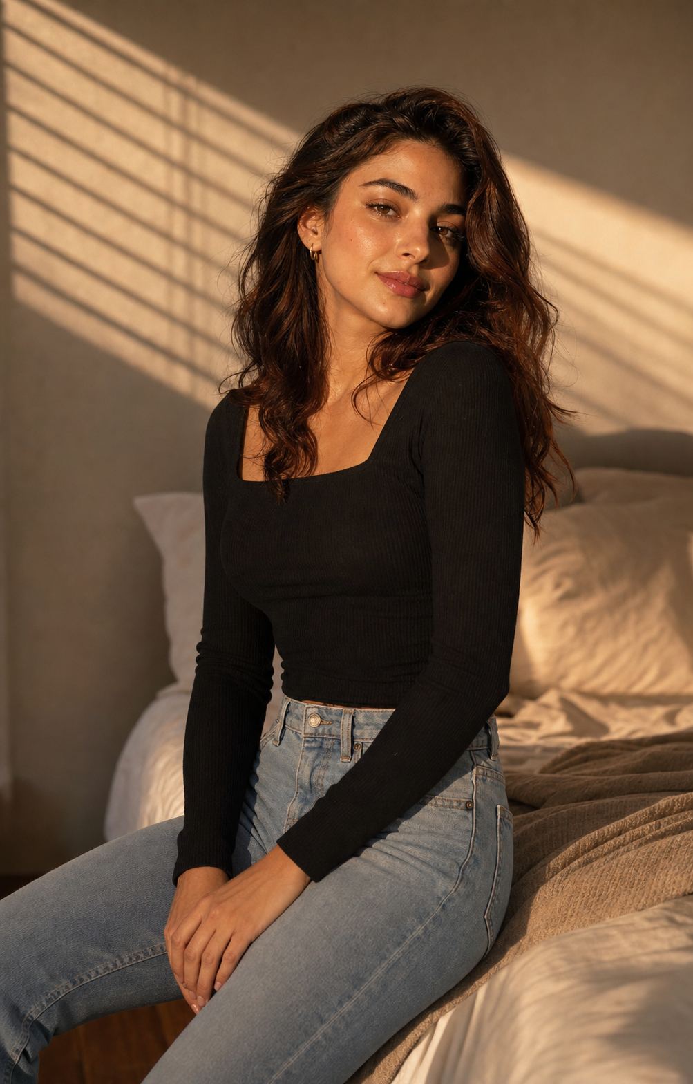 Warm Bedroom Instagram Pose with a fictional adult model in black knit and jeans