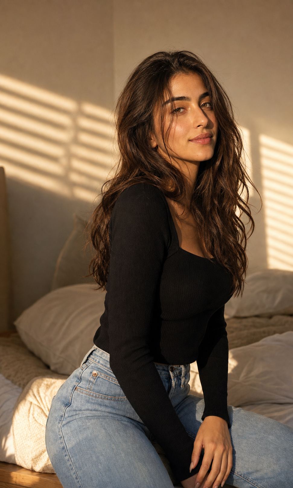 Long Waves Sunset Portrait with a fictional adult model in black knit and jeans
