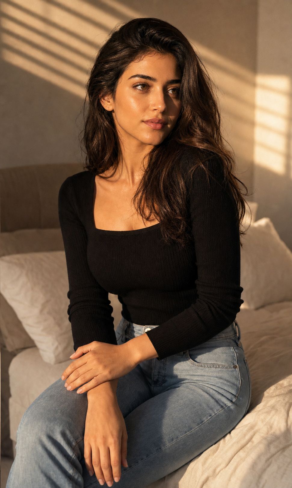 Natural Hands Golden Pose with a fictional adult model in black knit and jeans
