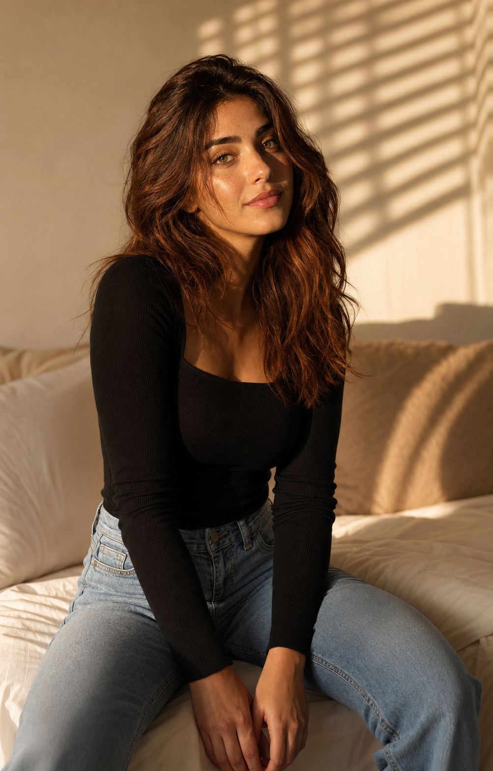 Copper Waves Bedroom Glow with a fictional adult model in black knit and jeans
