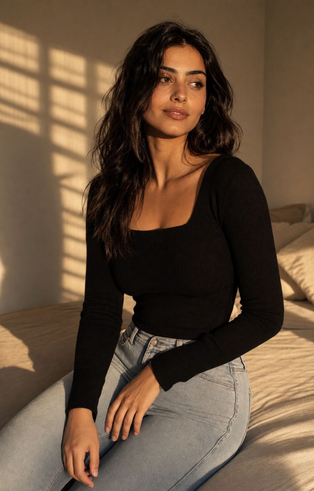 Deep Chestnut Window Light with a fictional adult model in black knit and jeans