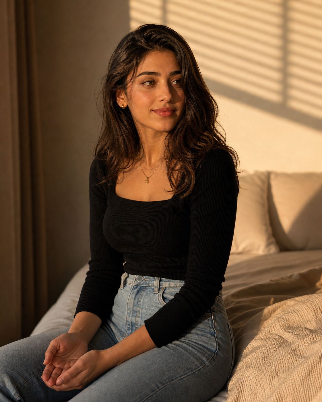 Soft Golden Lap Pose with a fictional adult model in black knit and jeans
